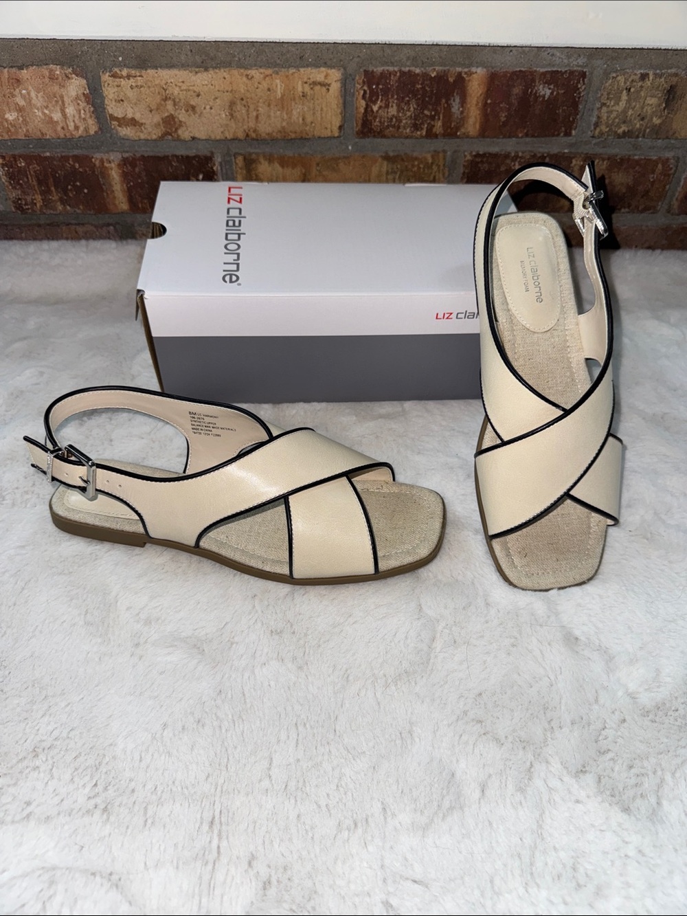 Liz Claiborne Cream and Black Trim Crisscross Slingback Sandals